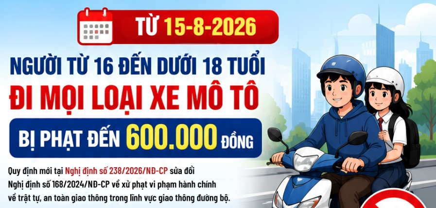 [Infographic] Từ 15-8-2026, người từ 16 đến dưới 18 tuổi đi mọi loại xe mô tô bị phạt đến 600.000 đồng