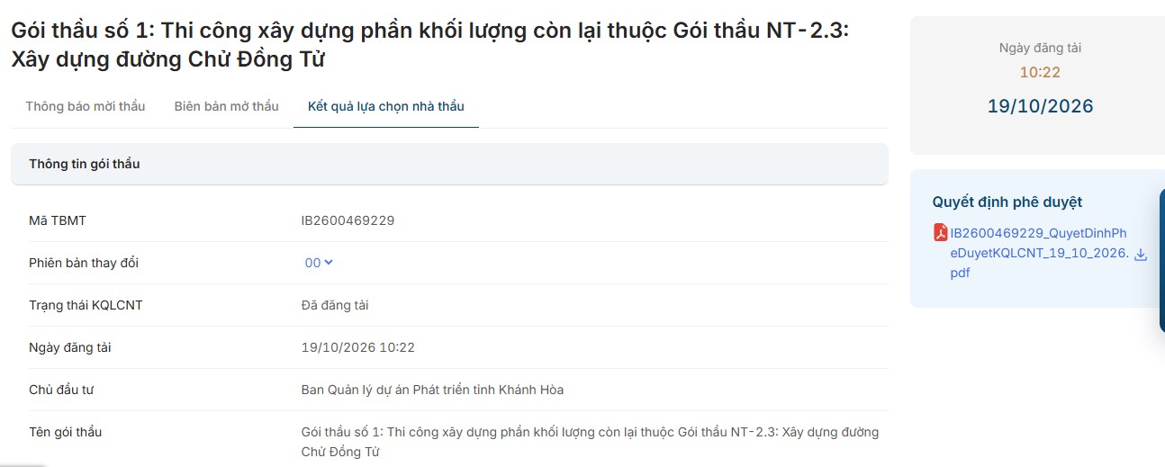 Thông báo Kết quả lựa chọn nhà thầu: 1Gói thầu số 1: Thi công xây dựng phần khối lượng còn lại thuộc Gói thầu NT-2.3: Xây dựng đường Chử Đồng Tử