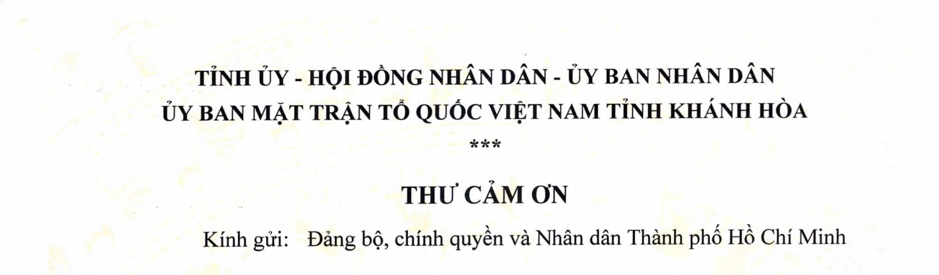 Thư cảm ơn Đảng bộ, chính quyền và Nhân dân TP. Hồ Chí Minh
